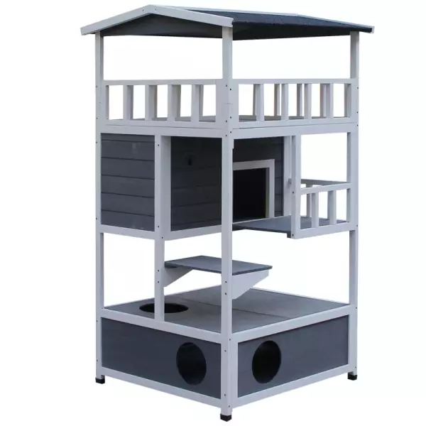 Caseta para Gatos de Madera de Abeto con Gran Espacio de 4 Pisos y Centro de Actividades 78x76x140cm