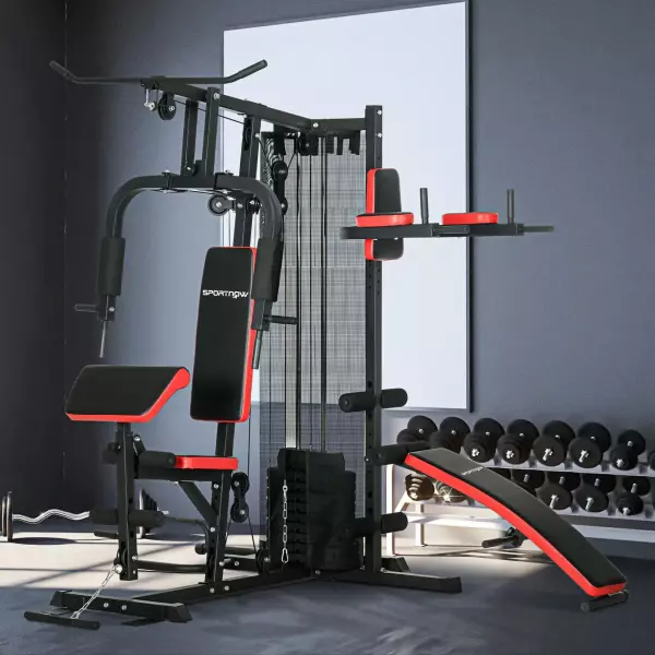 Multiestación de Musculación con Placas de Peso de 45 kg Carga Max. 110 kg para Entrenamiento 225x175x200 cm Negro