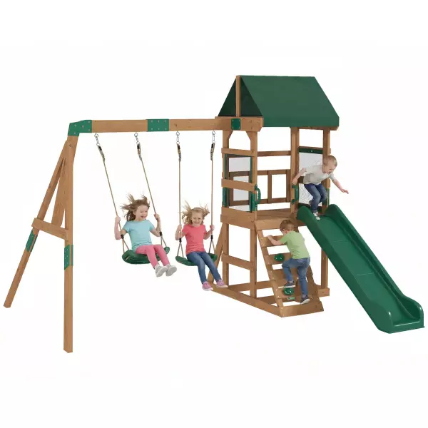 Torre de juego estructura de escalada de madera armazón con tobogán 2 columpios pared de escalada para 3-8 años 315x284x233 cm Verde