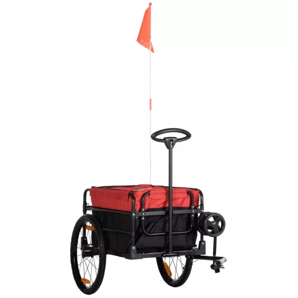 Remolque de Bicicleta para Carga 40 kg Carro de Mano con Bandera Mango de Empuje Desmontable Marco de Acero y Reflectores 130x64x103 cm Negro y Rojo