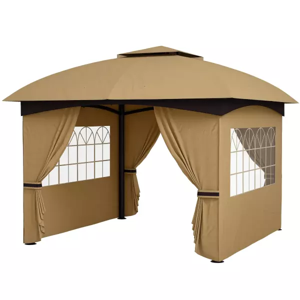 Cenador de Jardín 3,4x3,4 m Gazebo con Protección UV Ventanas de Estilo Iglesia Cortinas y Techo Ventilado Beige