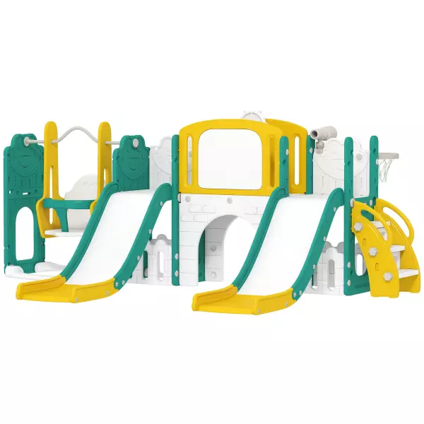 Conjunto de 9 en 1 de toboganes y columpios para niños pequeños, con aro de baloncesto, telescopio, pizarra, diseño de rana, Amarillo+Verde