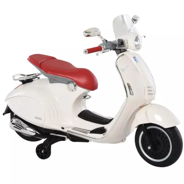 Moto Eléctrica Vespa Faros Música 2 Ruedas Auxiliares para Niños Mayores de 3 Años Motocicleta Infantil Autorizada 108x49x75 cm Blanco