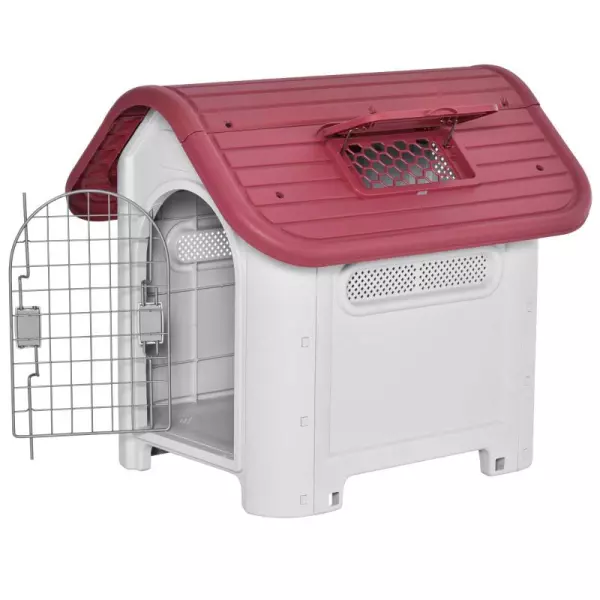 Caseta para Perro con Puerta Extraíble Base Elevada 3 Respiraderos y Ventana Abrible Caseta de Perros para Interior y Exterior 59x75x66 cm Gris Rojo