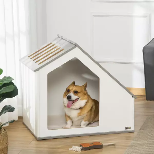 Casa de Madera para Perros Interior Caseta para Mascotas con Cojín Desenfundable Lavable y 5 Ventilaciones 84,5x54,5x75 cm Blanco