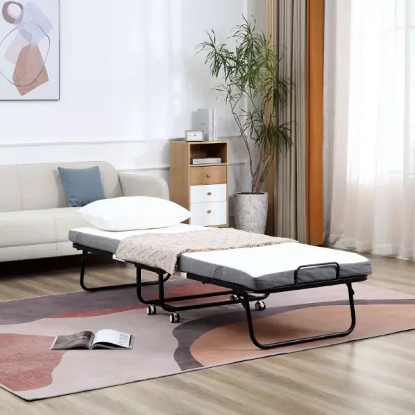 Cama Plegable 200x75x42,5 cm Cama de Camping Portátil con Colchón Individual Ruedas y Frenos Carga 150 kg para Dormitorio Salón Oficina Blanco