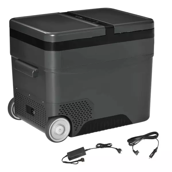 Nevera de Coche 45L 12V/24V hasta -22? con Compartimento Congelador Pantalla LED Táctil Ruedas 63,2x42x50,8cm Negro