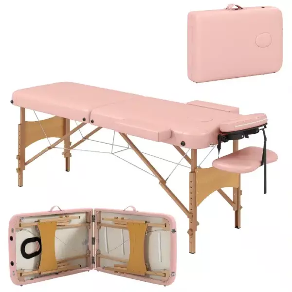 Camilla de Masaje Plegable con Reposacabezas Extraíble Asa Marco de Madera y Altura Regulable 185x60x64-88 cm Rosa