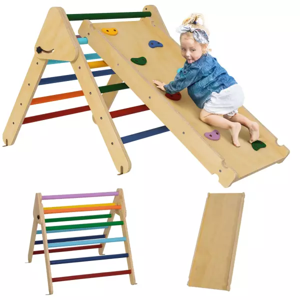 Triángulo de Escalada de Madera 3 en 1 con Rampa para Deslizarse o Escalar 147x64,5x63 cm Multicolor 5