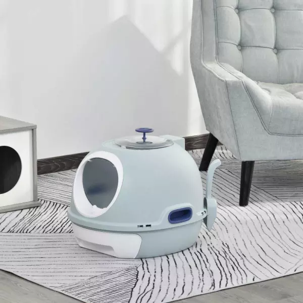 Caja de Arena para Gatos Ligero Arenero Portátil Espacio Amplio con Claraboya Cajón Basurero Pala Asa ABS 47x55x44 cm Azul