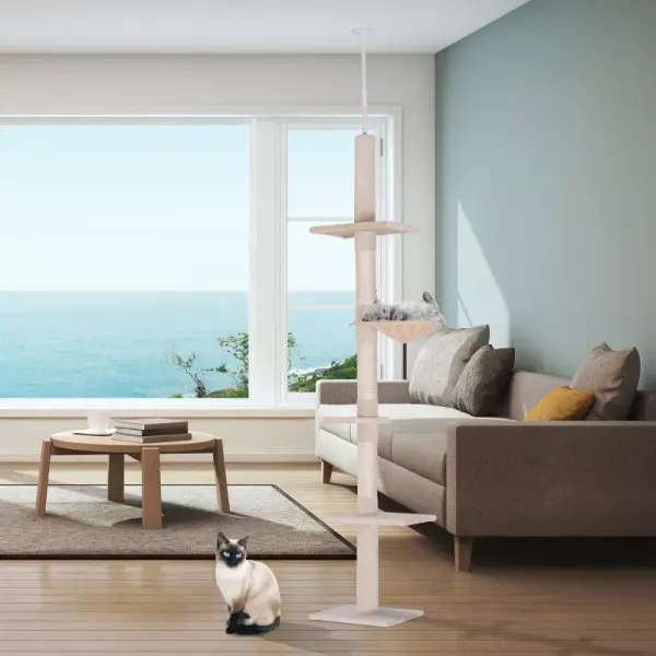 Árbol Rascador para Gatos 40x34x230-260 cm Árbol Escalador de Gato para Fijar al Techo Altura Ajustable con Plataformas Hamaca y Postes de Sisal Beige