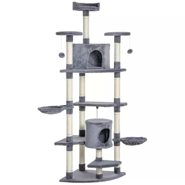 Rascador para Gatos Grande 60x60x200 cm con 2 Cuevas 2 Hamacas Cama Múltiples Plataformas Postes Rascadores de Sisal Natural y Bolas de Juguete Gris