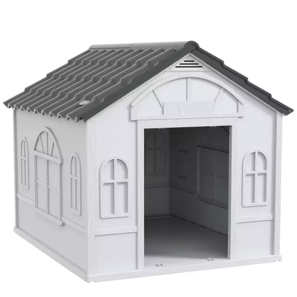 Casa para Perros Medianos 75x88x82 cm con Techo Ondulado Base Elevada y Suelo Desmontable Gris