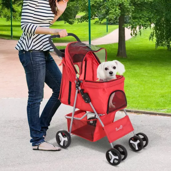 Cochecito Plegable Mascotas 75×46×94 cm Perro Gato Carrito Ruedas Giran 360º con Freno Rojo
