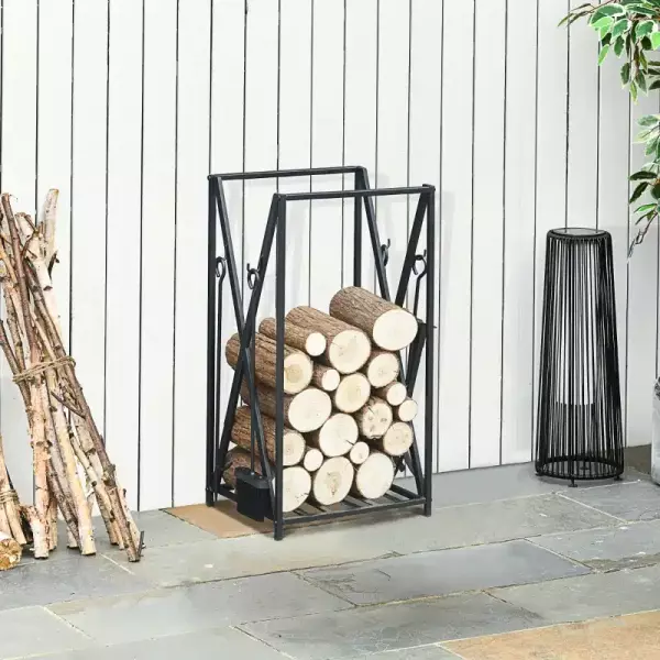 Estante de Leña para Chimenea 46x30x76 cm con 4 Herramientas Incluidas Marco de Acero Estable Carga 100 kg para Exterior e Interior Negro