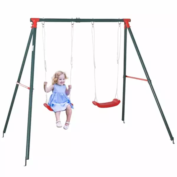 Columpio Doble para Niños +3 Años con Soporte de Metal Juego de Columpio Infantil Cuerda Ajustable Exteriores Carga Máx. 40kg 220x160x180cm Verde Rojo