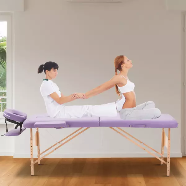 Camilla de Masaje Acolchada de Madera Plegable y Portátil para Tatuaje Fisioterapia Deporte 185x60cm Morado