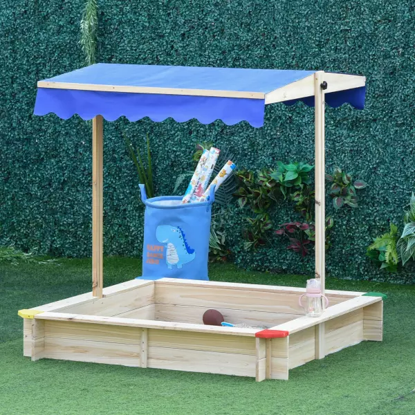 Arenero de Madera para Niños con Techo Cajón de Arena Toldo Ajustable Espacioso 120x120x120 cm para Jardín Exterior al Aire Libre Color Madera Natural