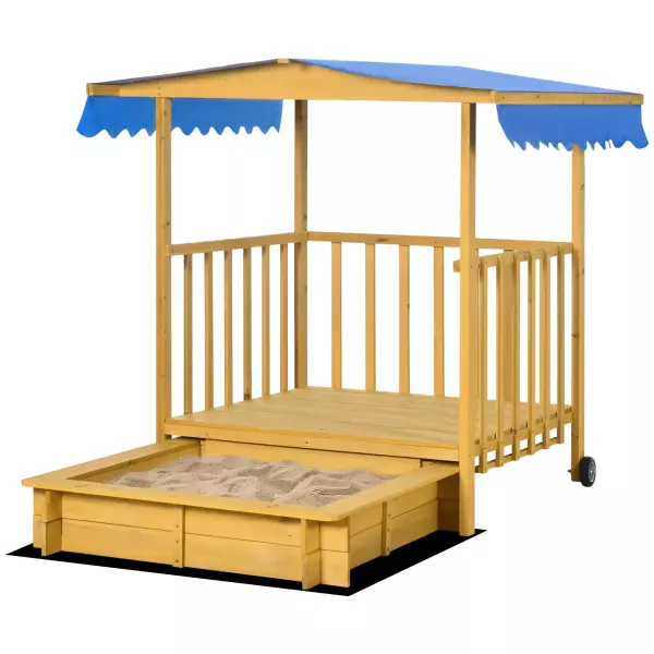 Arenero para Niños Veranda de Madera con Techo y Ruedas Juego para Niños de 3-8 Años para Jardín 133x129x137,5cm Natural