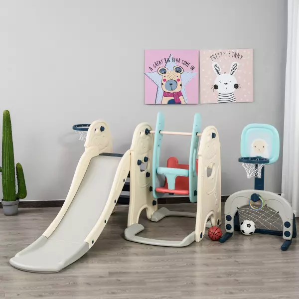 Parque Infantil 5 en 1 Tobogán y Columpio 2 Canastas Baloncesto y Portería Fútbol para Niños de +1 Año Interior y Exterior 220x225x110 cm Multicolor