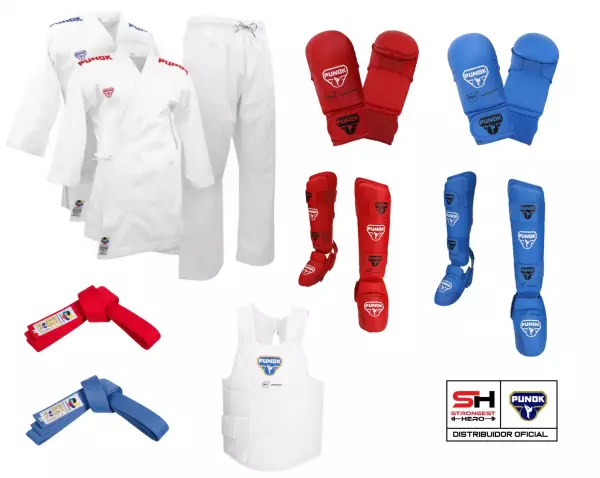 PACK KARATEGI KUMITE BLITZ II 2 CHAQUETAS PUNOK + PROTECCIONES (peto incluido) + CINTO