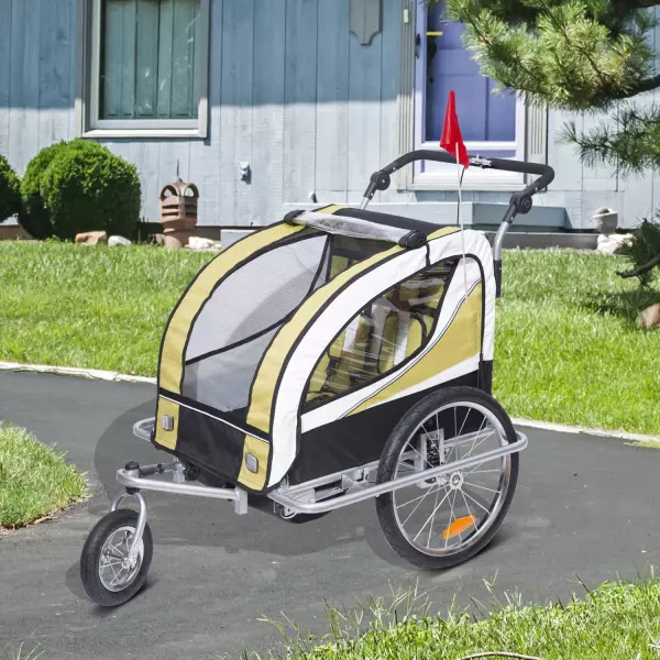 Remolque para Bicicleta tipo Carro con Barra de Paseo para Niños de 2 Plazas con Rueda Delantera Giratoria 360 Grados