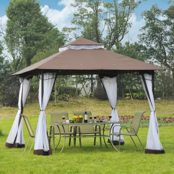 Carpa para Jardín y Terraza Cenador 300x300x270cm con Mosquitera Pabellón Gazebo con Techo con Ventilación Color Café y Negro