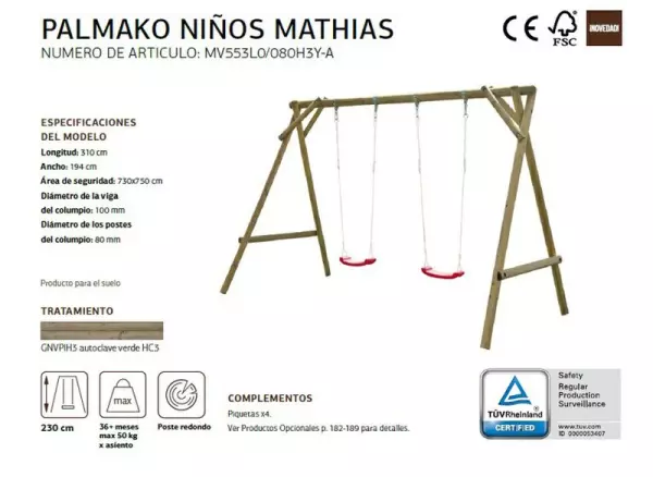 Columpio de madera  Mathias 310x194x230cm