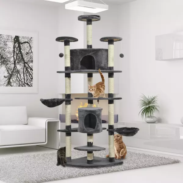 Rascador para Gatos tipo Centro de Juegos con Árbol y Poste para Arañar - Gris Oscuro - 200x60x60cm