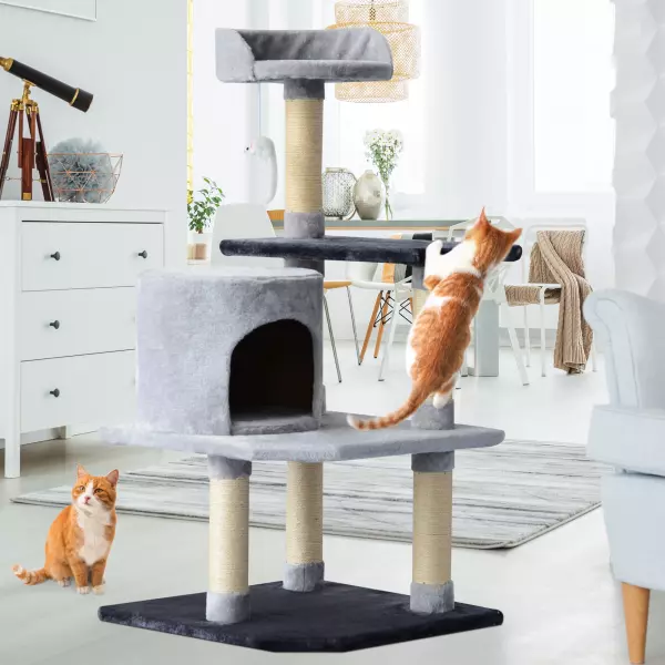 Árbol para gatos Rascador Grande con Plataformas Casetas Ratón de Juego 48x48x100 cm Cubierto de Felpa Gris