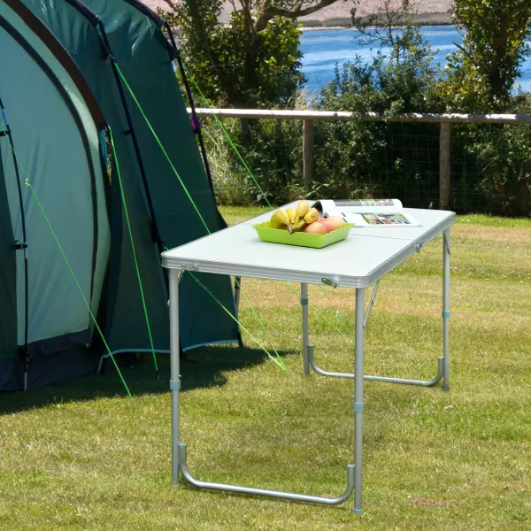 Mesa de Camping Plegable y Convertible con Altura Regulable - Color Blanco - Aluminio y MDF - 120x60x54-70cm