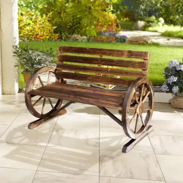 Banco de Madera para Exteriores con Apoyabrazos en Forma de Rueda Aspecto Envejecido Jardín Balcón Terraza 105,5x56x75 cm Marrón Rústico