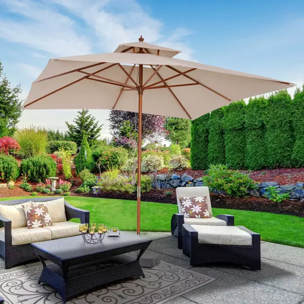 Sombrilla Parasol de Bambú Madera para Jardín Terraza Patio Playa Doble Techo Rectángulo Mástil de 48mm Crema 3x3m preguntar stock