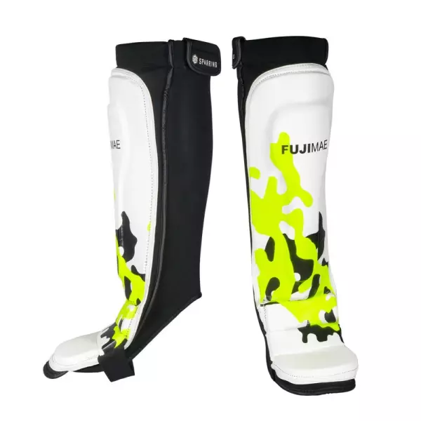 Espinilleras con Empeine Sparring. Blanco-Amarillo Neón. L