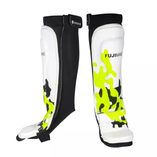 Espinilleras con Empeine Sparring. Blanco-Amarillo Neón. XL