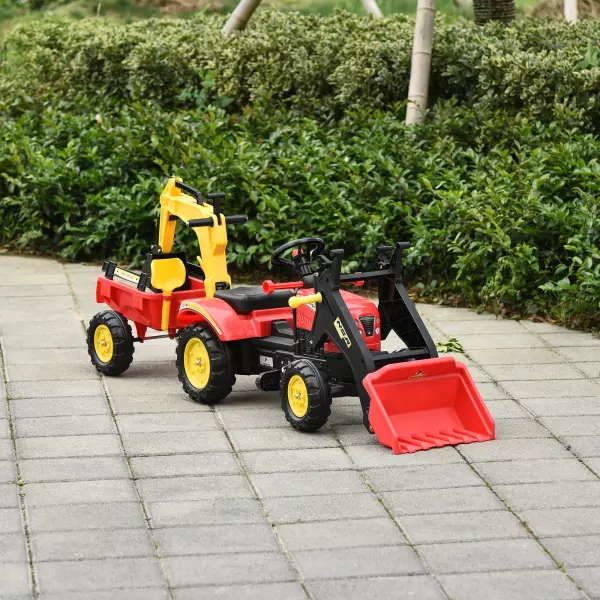 Tractor a Pedales con Remolque Excavador con Pala Frontal Juguete de Conducción para +3 Años Dirección y Palas 179x42x59cm Rojo