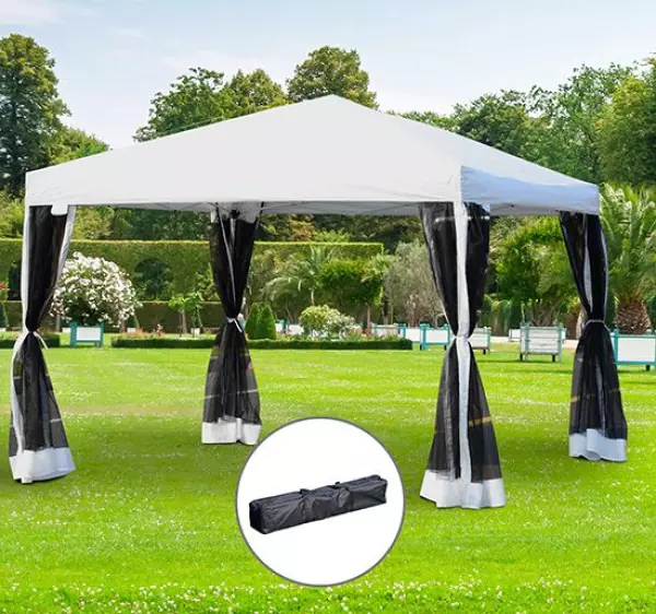 Carpa Plegable 3x3m Paredes de Mosquitera Extraíbles con Cremallera 4 Orificios de Drenaje Tela Oxford 420D para Jardín Fiestas Blanco