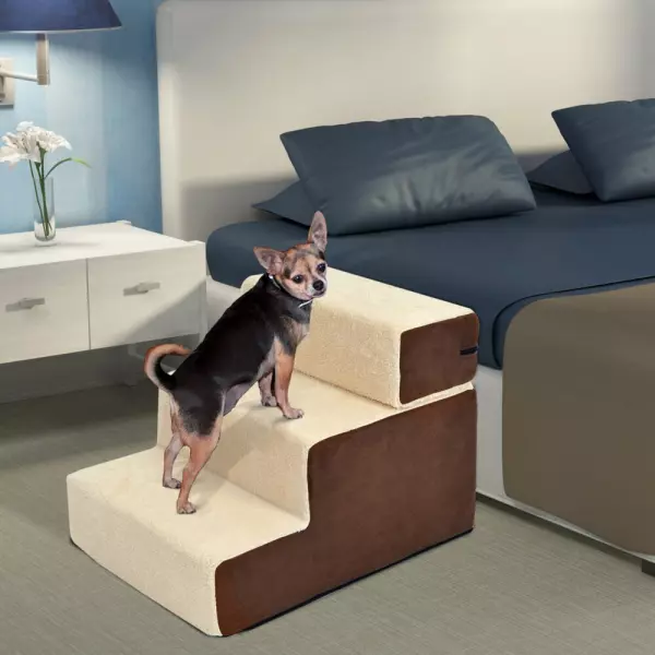 Escalera para Mascotas Perros Gatos de 3 Peldaños Desmontable y Funda Extraíble Portátil Carga 15 kg 54x40x39 cm Marrón y Beige