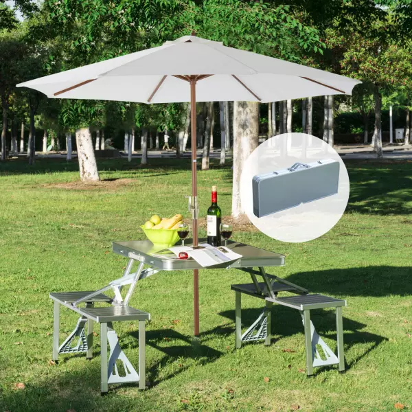 Mesa Plegable 4 Asientos Aluminio con Agujero para Sombrilla para Camping Playa Picnic Exterior 136x85,5x66 cm