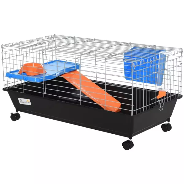 Jaula para Roedores Pequeños con Ruedas Hábitat para Hurones Conejillo de Indias con Comedero Bebedero Rampa y Techo Abrible 89x44x43 cm Negro