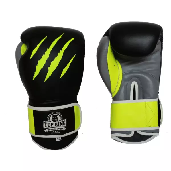 GUANTE BOXEO PIEL DELUXE NEGRO/GRIS/AMARILLO FLÚOR "ZARPAZO"