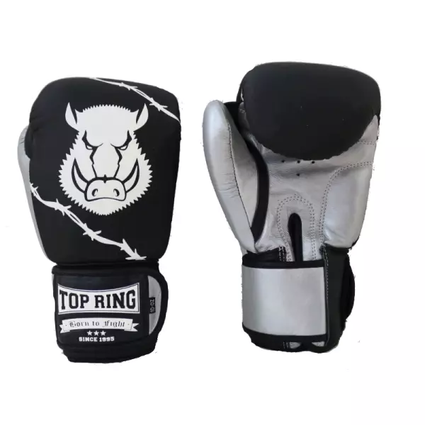 GUANTE BOXEO PIEL NEGRO/PLATA "ESPINO" TOP RING