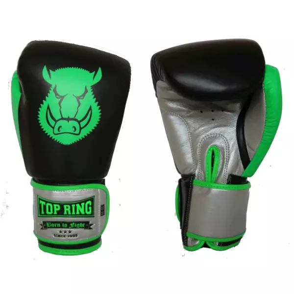 GUANTE BOXEO PIEL NEGRO/VERDE FLÚOR TOP RING