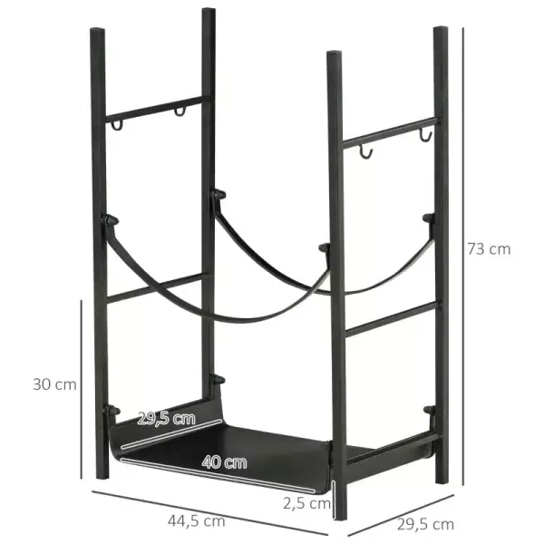 Estante para Leña de 2 Niveles Leñero Exterior e Interior Metálico con 4 Herramientas para Chimenea Carga Máx.70 kg 44,5x29,5x73 cm Negro