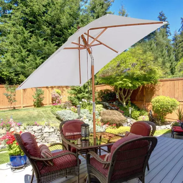 Sombrilla Parasol de Bambú Madera para Jardín Terraza Patio Playa Doble Techo Ángulo Inclinable Rectángulo Mástil de 38mm Crema 2x1.5m