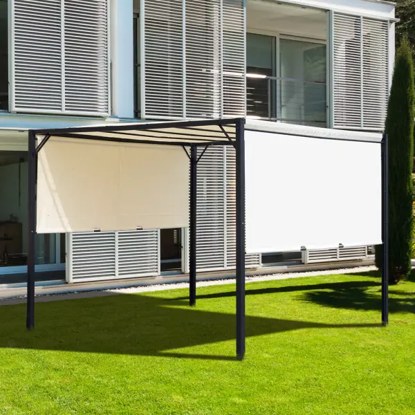 Pérgola 3x3m Gazebo Cenador con Techo Retráctil y Pared Lateral Acero Versátil para para Jardín Patio o Terraza Tela Poliéster