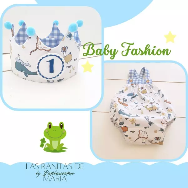 Conjunto ranita+corona primer cumpleaños animales marinos