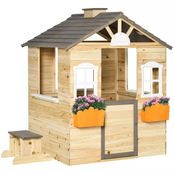 Casita Infantil de Juegos Exterior para Niños de 3 -7 Años con Ventanas 2 Jardineras y 1 Banco 113x94x134,5 cm Natural
