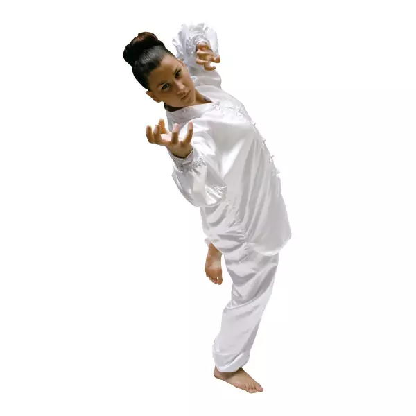 KIMONO KUNG FU SATEN BLANCO RIBETE BLANCO.