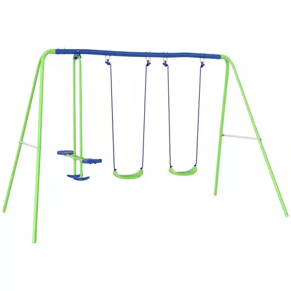 Juego de Columpios de Jardín de Metal con Altura Ajustable 2 Columpios y Balancín 280x140x178 cm Verde y Azul